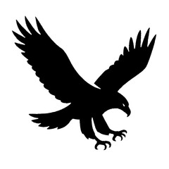 A powerful black eagle silhouette in flight with wings spread wide isolated on white background silhouette