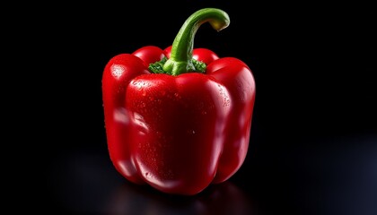 a vibrant glistening red bell pepper isolated on a black background with a clean white background