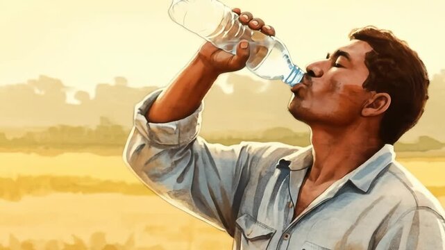 Migrant Worker Drinking Water at Golden Hour - A Latin American migrant worker takes a refreshing drink of water from a plastic bottle during the golden hour.