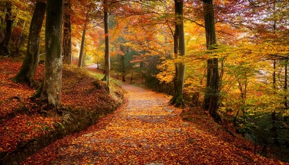 Obraz premium a narrow winding path through a dense forest with fallen leaves covering the ground and trees with autumn foliage
