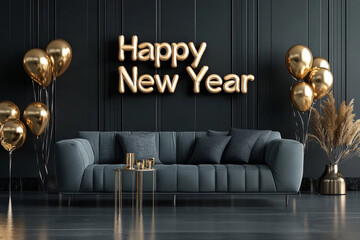 text "Happy New Year 2026" made by golden inflatable letters with golden balloons near sofa in interior