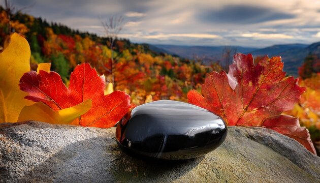 pictures of obsidian a smooth black stone rests among vibrant autumn leaves capturing the essence of fall in a serene natural setting ideal for nature themed projects