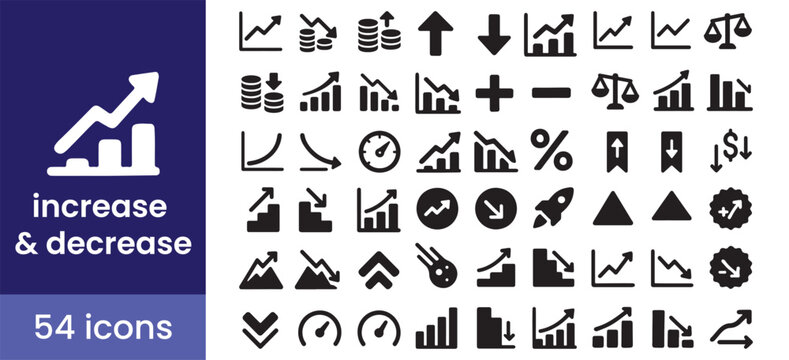 Increase and decrease icon set showing growth, decline, and profit trend with graph, chart, and arrow symbols for business and financial analytics.

