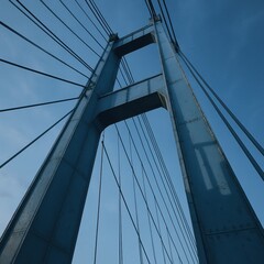 Obraz premium Steel suspension bridge tower against clear blue sky