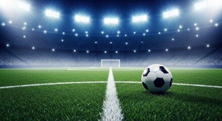Fototapeta premium A soccer stadium filled with vibrant energy, illuminated by spotlights, and featuring a soccer ball on the green field.