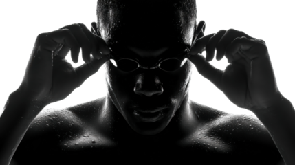 Swimmer in action pool black and white sport environment isolated on transparent background, png