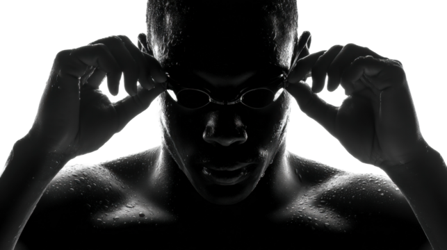 Swimmer in action pool black and white sport environment isolated on transparent background, png