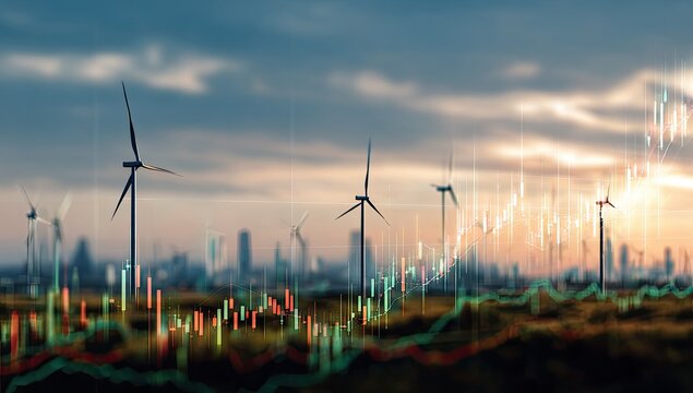 Wind turbines on a cityscape horizon overlaid with a stock market graph, depicting renewable energy investment