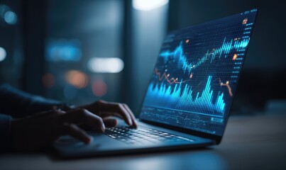 Close-up of hands typing on a laptop displaying dynamic financial charts and graphs in a dimly lit room