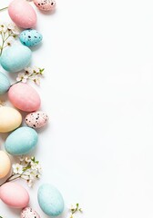Colorful Easter eggs and flowers on white background with space for text  