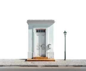 Elegant white doorway display urban street architectural minimalist style isolated on transparent background, png
