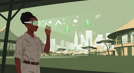 Young woman using augmented reality glasses in a futuristic city.