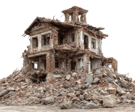 Urban destruction aftermath of a devastating earthquake and collapsed houses isolated on transparent background, png