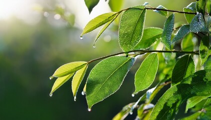 hojas verdes de un arbol con gotas de rocio primera hora del dia