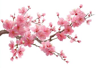 Delicate, light pink cherry blossom branch with numerous blossoms and buds, isolated on a white background
