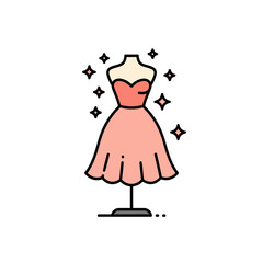 Glamorous pink cocktail dress on mannequin. Fashion and boutique vector icon.