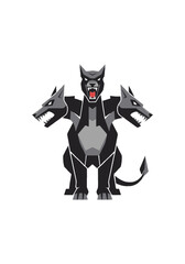 A fearsome three-headed guardian beast from ancient legends, rendered in a striking graphic art style, embodying mythical power and an intimidating presence