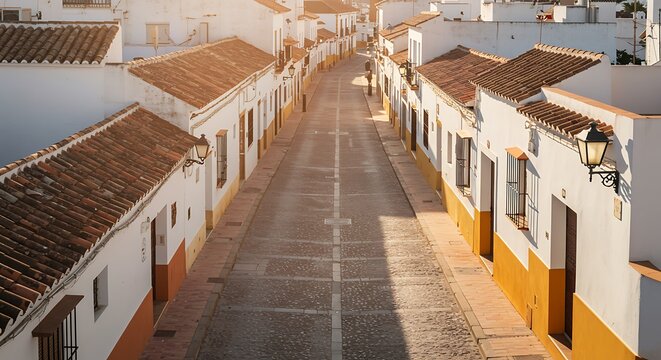 Picturesque Cobblestone Street with White Houses at Sunset.