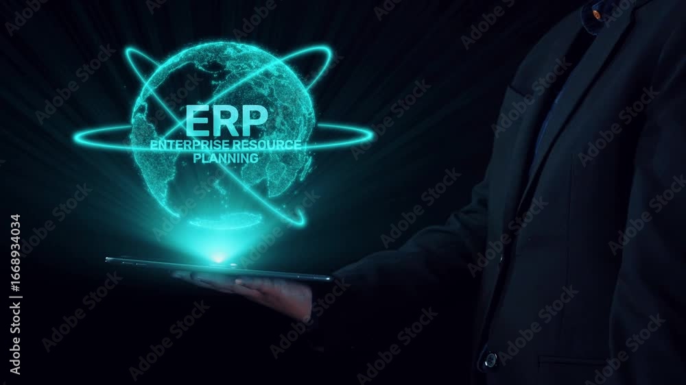 Poster erp platform visual showing centralized system for enterprise resource planning, improving integrati