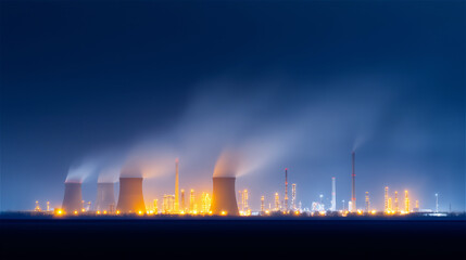 Fototapeta premium Bright illuminated petrochemical plant at night with smoke and flames, industrial complex symbolizing energy, manufacturing and environmental impact of heavy industry.