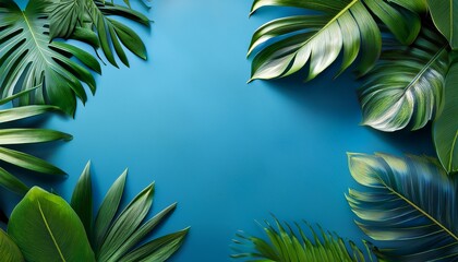 lush green tropical leaves surrounding a tranquil blue space in natural sunlight
