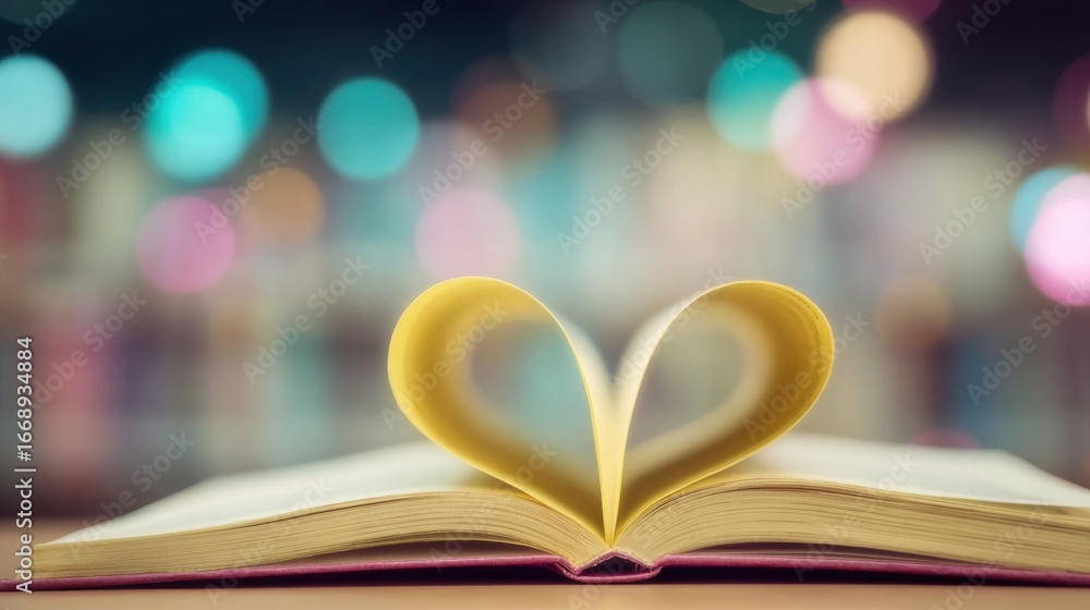 Poster open book with heart-shaped pages on a table in a cozy reading space