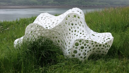 A large, white, porous, organic-shaped sculpture rests in tall grass near a calm body of water and a misty shoreline