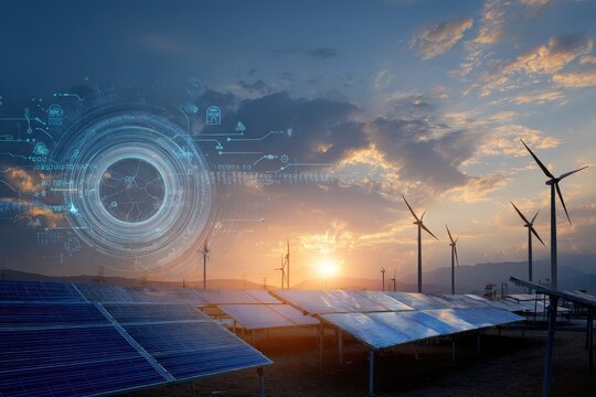 Sunset over solar panels and wind turbines, overlaid with a digital energy interface showing interconnected data and icons