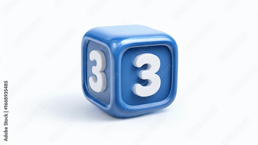 Poster dynamic 3d number three: glossy blue cube animation