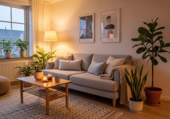 Cozy living room interior with warm ambient lighting, comfortable sofa, diverse houseplants, and lit candles creating a relaxing evening atmosphere.