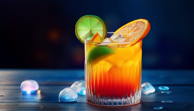 a vibrant cocktail sits in a clear glass garnished with orange and lime perfect for summer