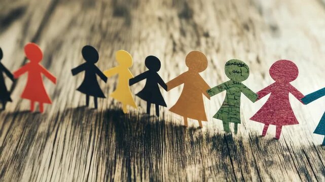 Paper cutouts of diverse figures holding hands on wooden surface