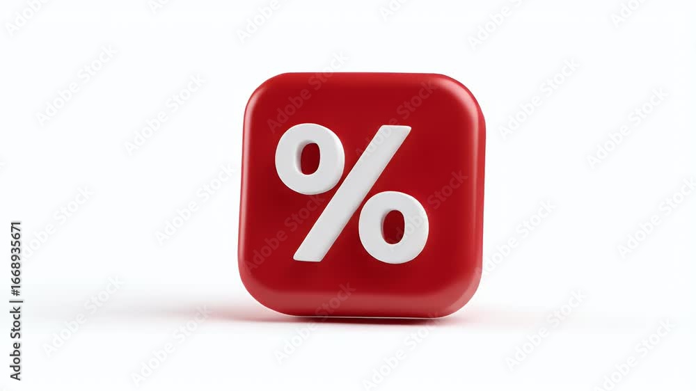 Poster dynamic 3d percentage sign: red square, white text, rotating animation