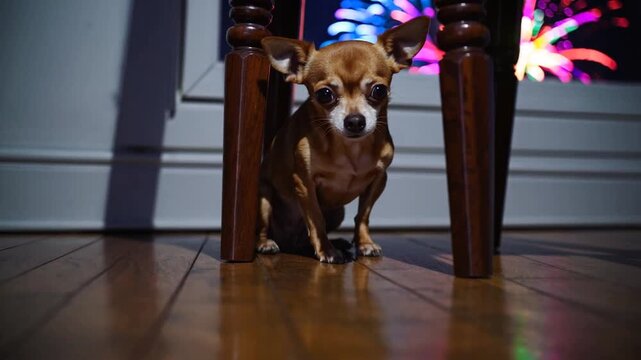 Small Ginger-Colored Canine Breed Exhibiting Fearful Behavior While Sheltering Beneath Piece Of Furniture