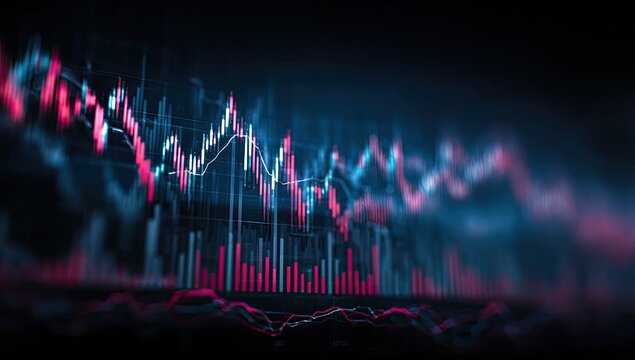 Dynamic graph displays fluctuating market data with red and blue lines, showing peaks, troughs, and overall trend against dark background - Powered by Adobe