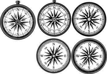 Set of 5 vintage compass icons vector