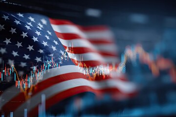 American flag overlaid with stock market graphs