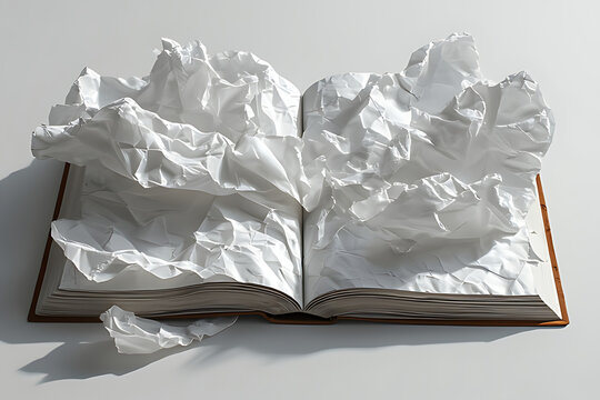 Open book filled with crumpled white paper symbolizing creative block, writer's struggle, or blank page inspiration - Powered by Adobe