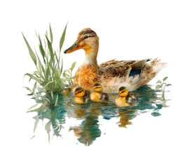 Mother duck and ducklings swimming in nature pond serene wildlife scene isolated on transparent background, png