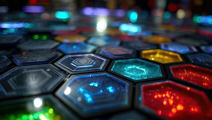Close-up of a honeycomb grid of vibrant, glowing hexagonal panels, each displaying intricate circuitry and diverse color schemes, suggesting a futuristic technological interface