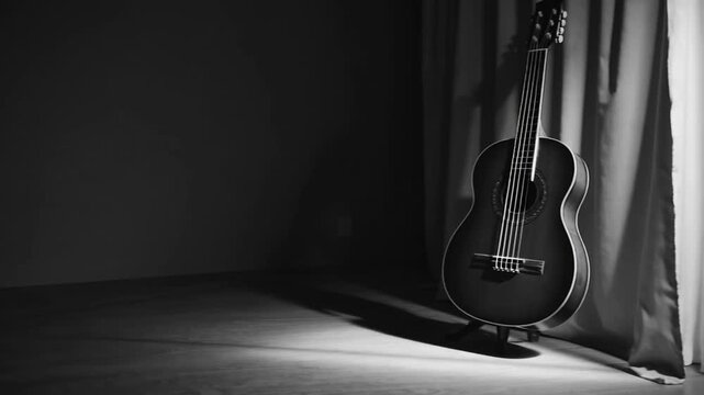 Monochrome depiction of classic Spanish stringed instrument placed on support within the somber gloom of unlit chamber