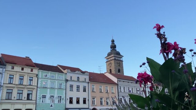 Ceske Budejovice, Czech, August 25.2025: Main square of Přemysl Otakar II in Česk&eacute; Budějovice, South Bohemia, Czech Republic. Featuring the historic town hall and the iconic Black Tower