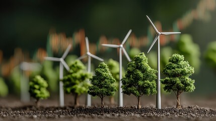 Miniature wind turbines and trees represent investment in clean energy for positive financial growth in the future economic market