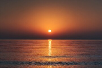 A large, orange sun sets over a calm, dark-orange ocean, reflecting its light onto the water's surface