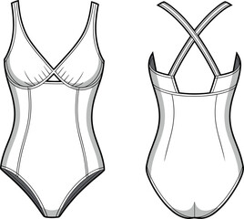 Women’s swimsuit vector template, one-piece bathing suit fashion flat, swimwear mockup with straps, beachwear apparel design illustration