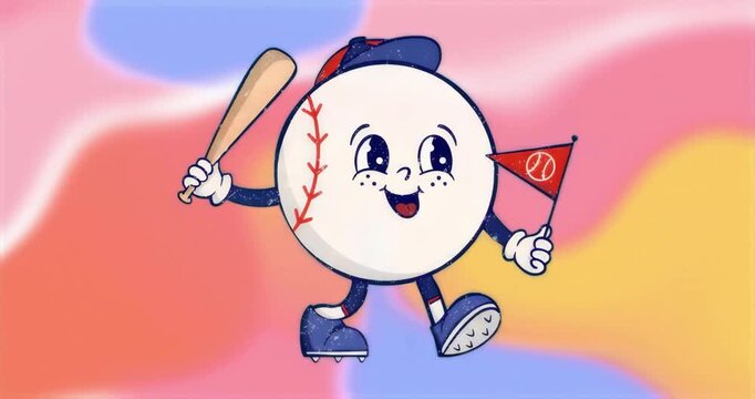 Animated baseball character at start skating dance, alternating legs holding bat and pennant
