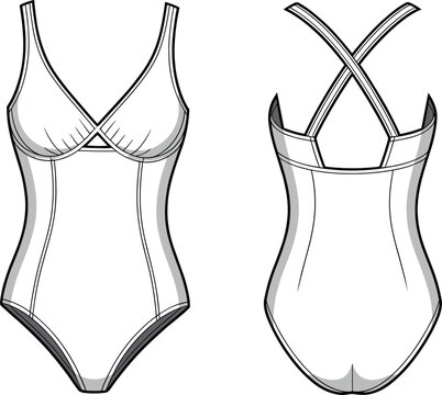 Women’s swimsuit vector template, one-piece bathing suit fashion flat, swimwear mockup with straps, beachwear apparel design illustration