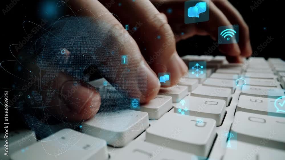 Poster close-up view of hands typing on a keyboard with digital icons surrounding them, representing techno