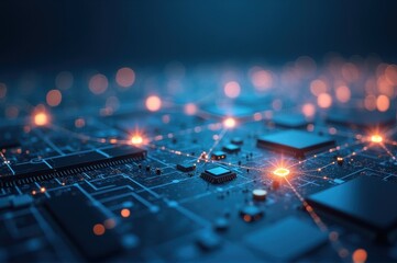 closeup of glowing electronic circuit board with intricate pathways and illuminated nodes. futuristic technology and innovation concept. tech, digital theme, presentation