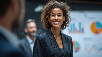 African american woman presenting financial data in a conference room to colleagues, with graphs and charts displayed on a large screen